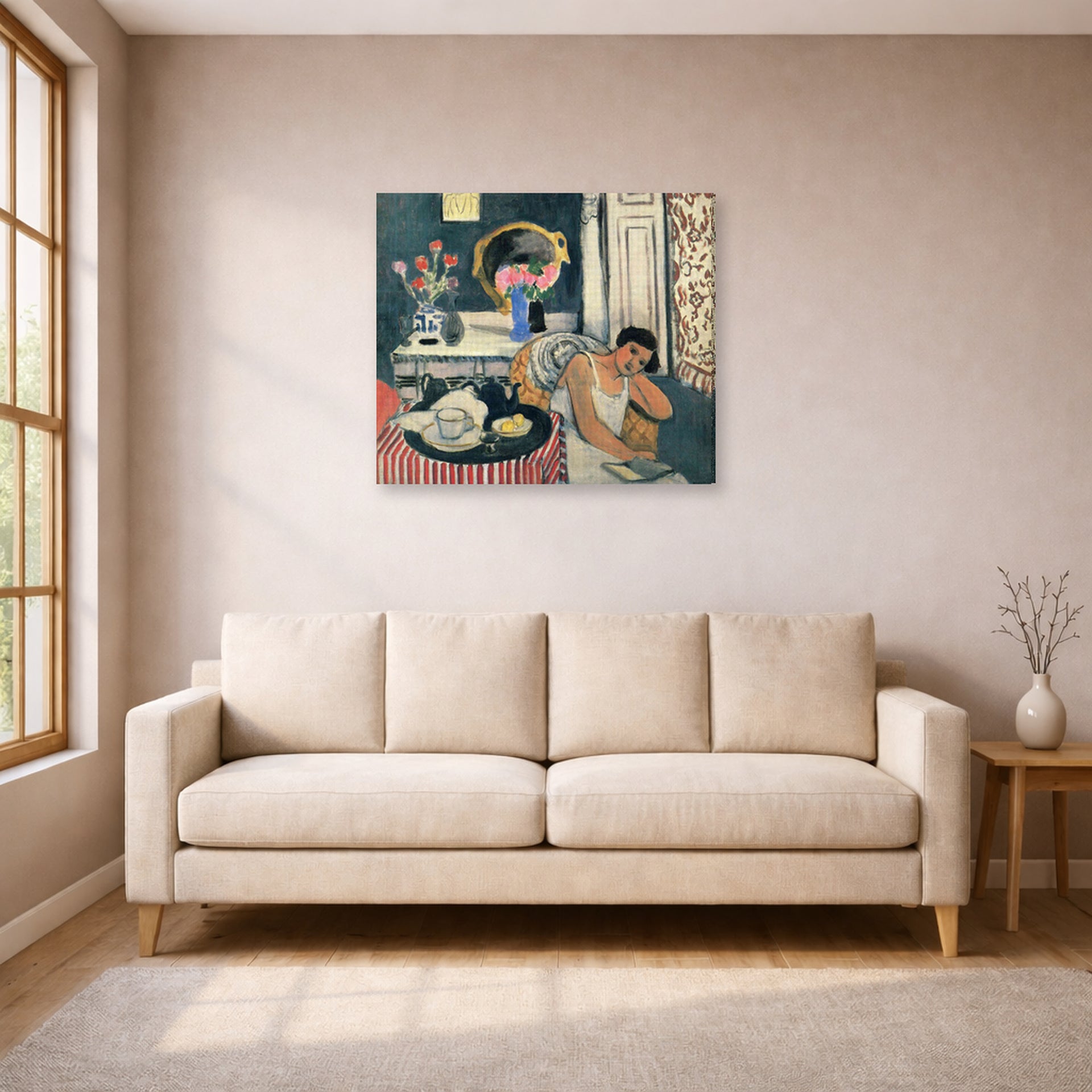 Gallery-wrapped canvas print of Henri Matisse's Woman Reading hanging in a living room, view 1