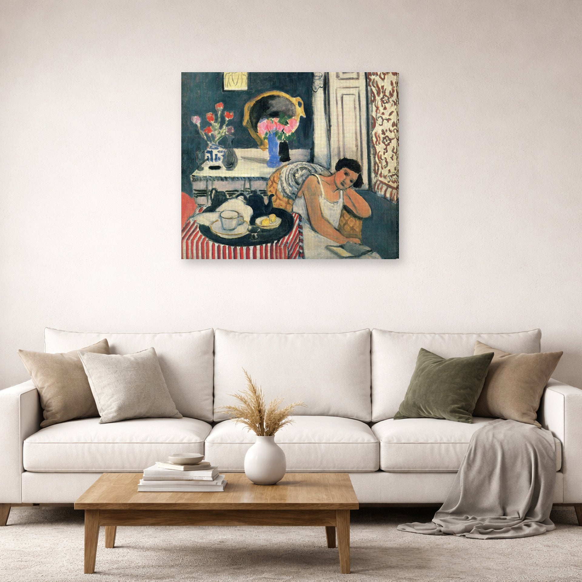 Gallery-wrapped canvas print of Henri Matisse's Woman Reading hanging in a living room, view 2