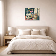 Unframed poster print of Henri Matisse's Woman Reading displayed above a bed in a bedroom