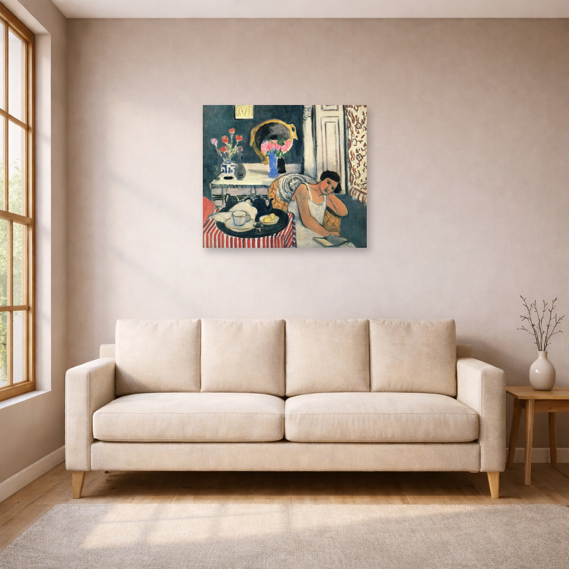Unframed poster print of Henri Matisse's Woman Reading displayed in a living room, view 1
