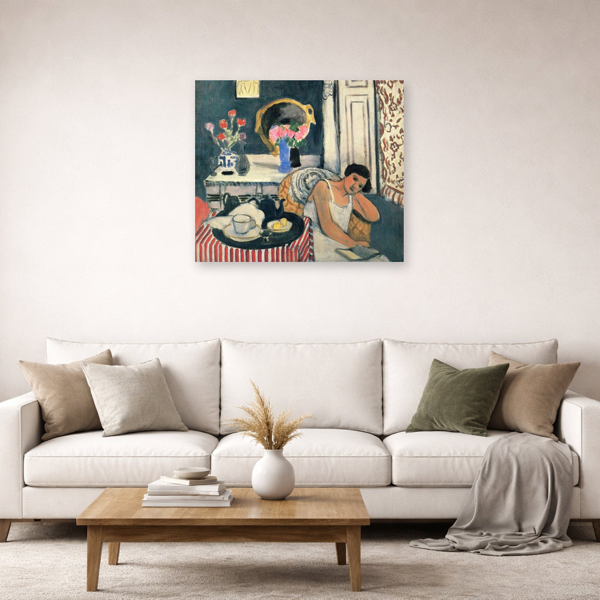 Unframed poster print of Henri Matisse's Woman Reading displayed in a living room, view 2