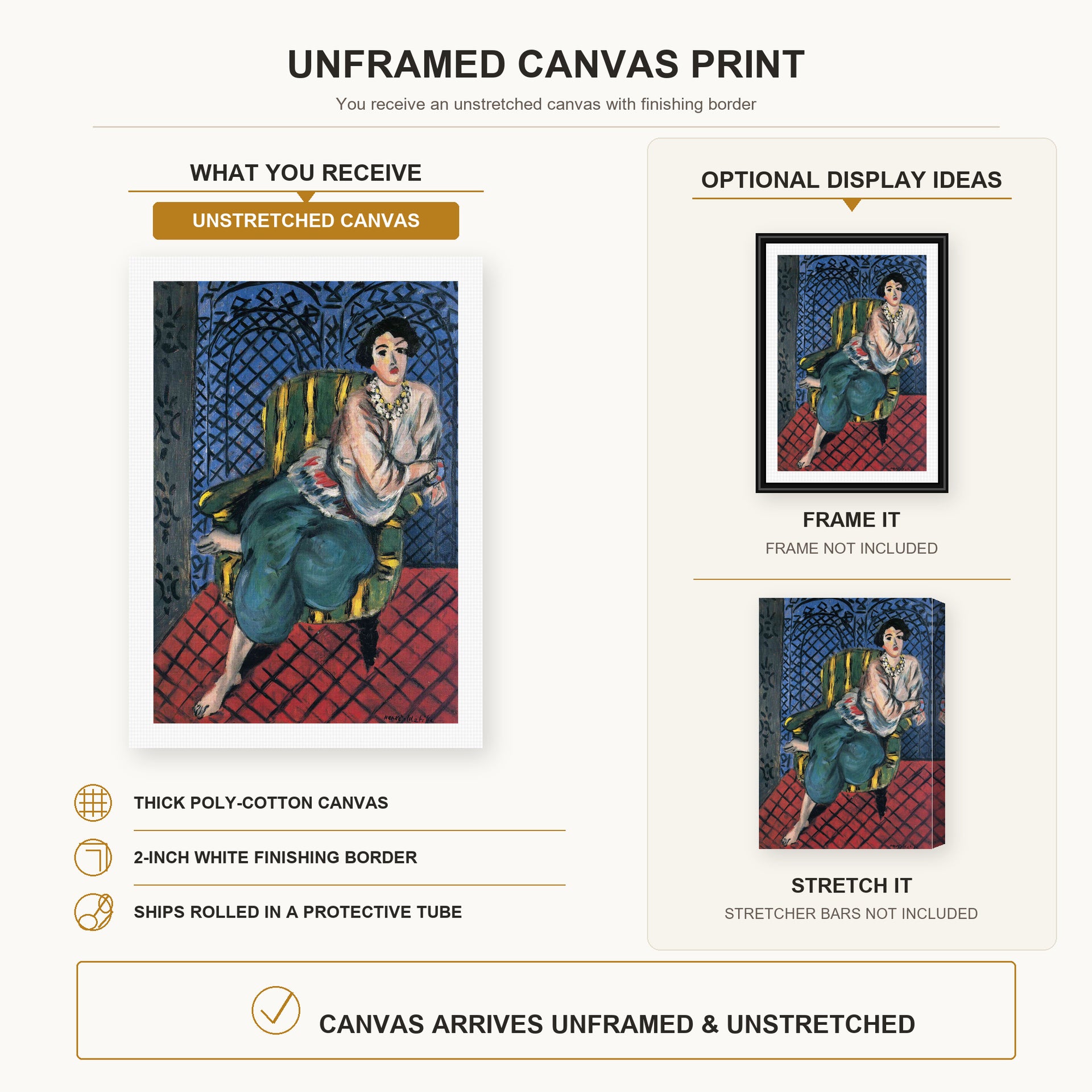 Henri Matisse - Woman Sitting in a Chair canvas print size comparison and framing display infographic