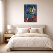 Gallery-wrapped canvas print of Henri Matisse's Woman Sitting in a Chair hanging above a bed in a bedroom