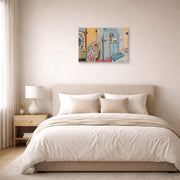 Gallery-wrapped canvas print of Henri Matisse's Woman with a Book hanging above a bed in a bedroom