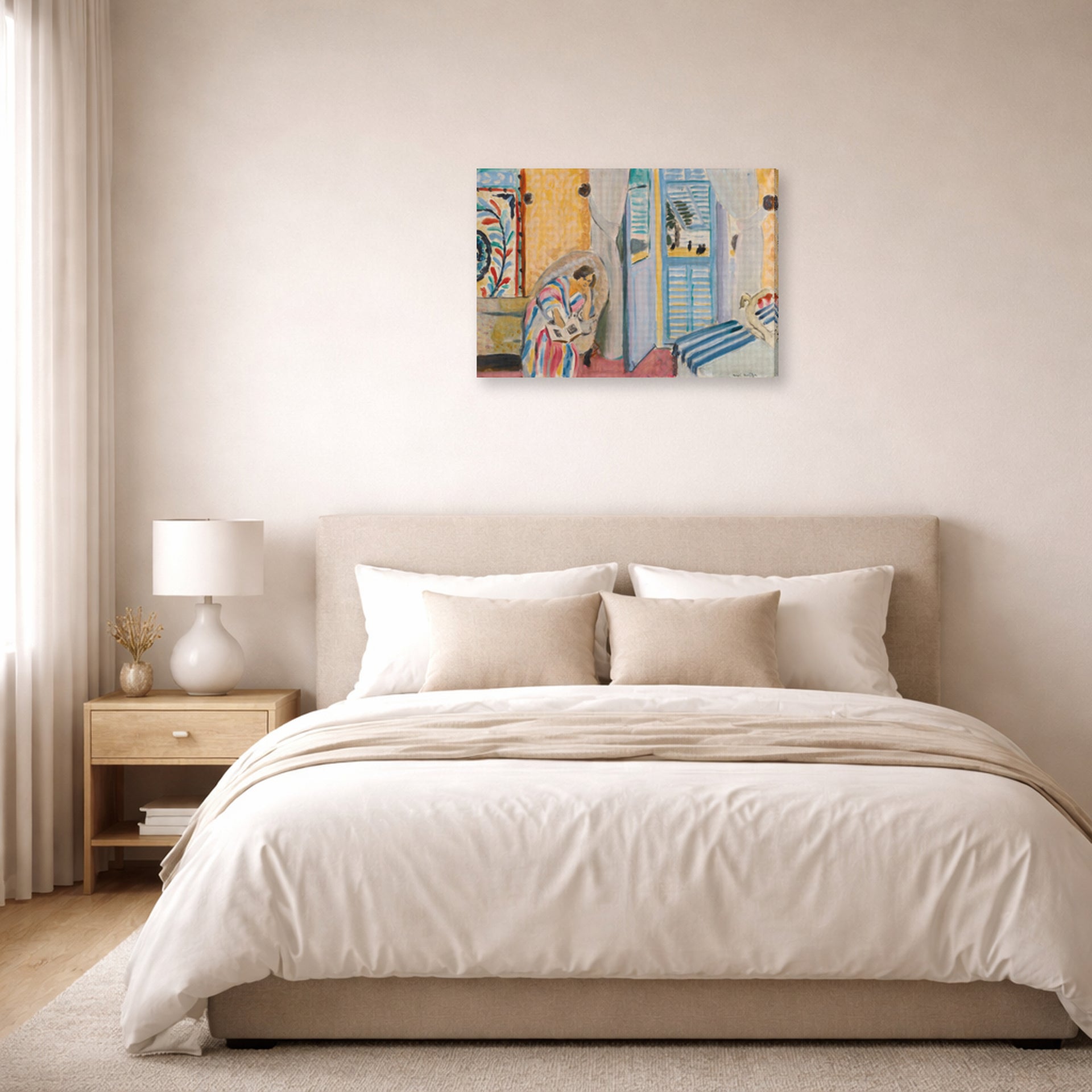 Gallery-wrapped canvas print of Henri Matisse's Woman with a Book hanging above a bed in a bedroom