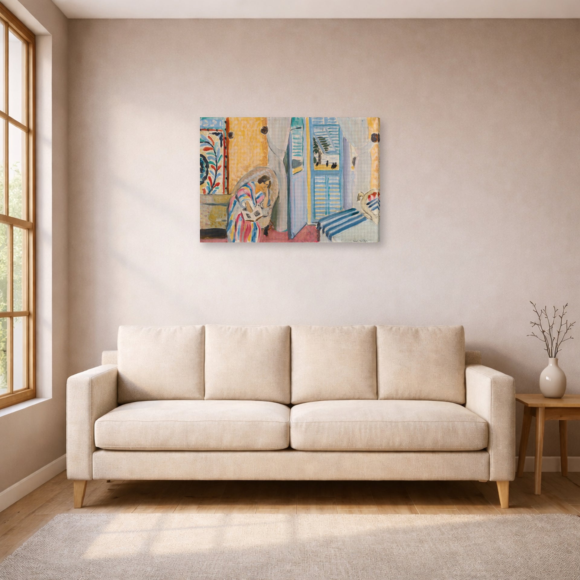 Gallery-wrapped canvas print of Henri Matisse's Woman with a Book hanging in a living room, view 1