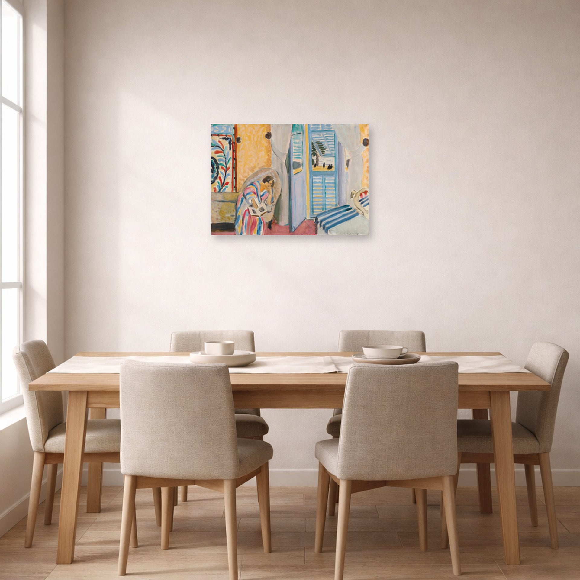 Unframed poster print of Henri Matisse's Woman with a Book displayed on a dining room wall