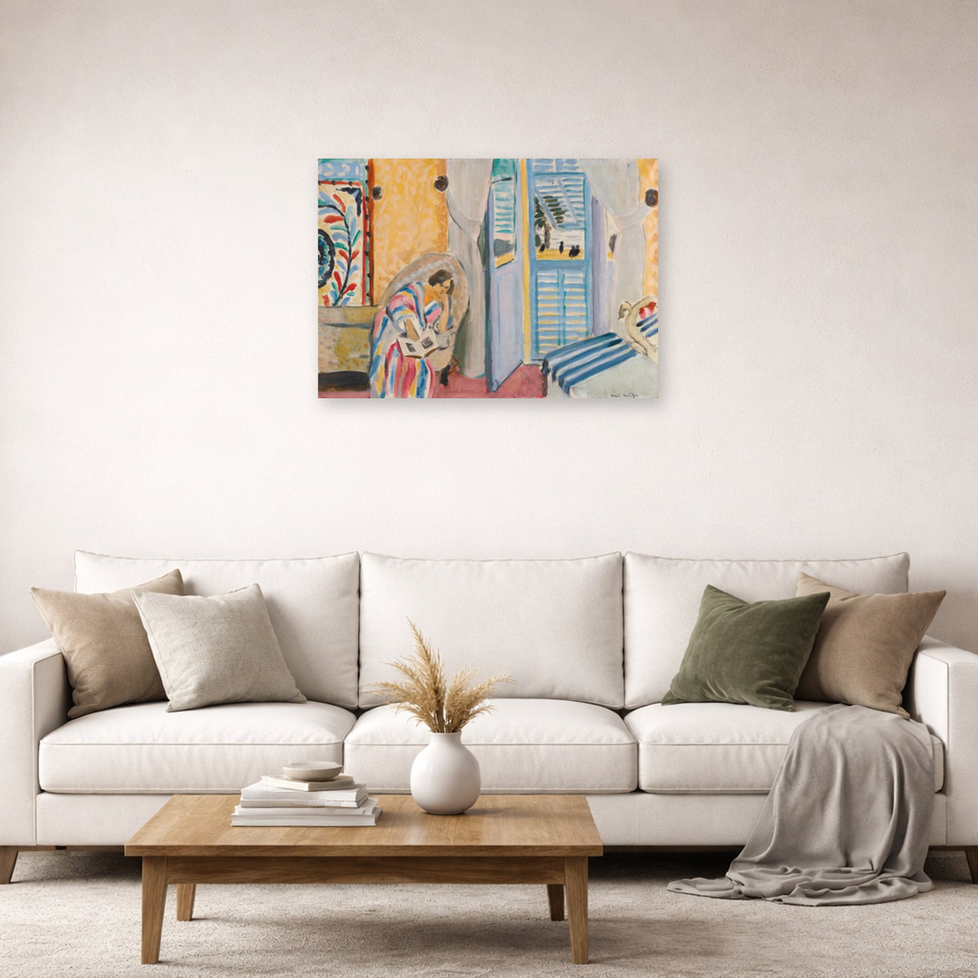 Unframed poster print of Henri Matisse's Woman with a Book displayed in a living room, view 2