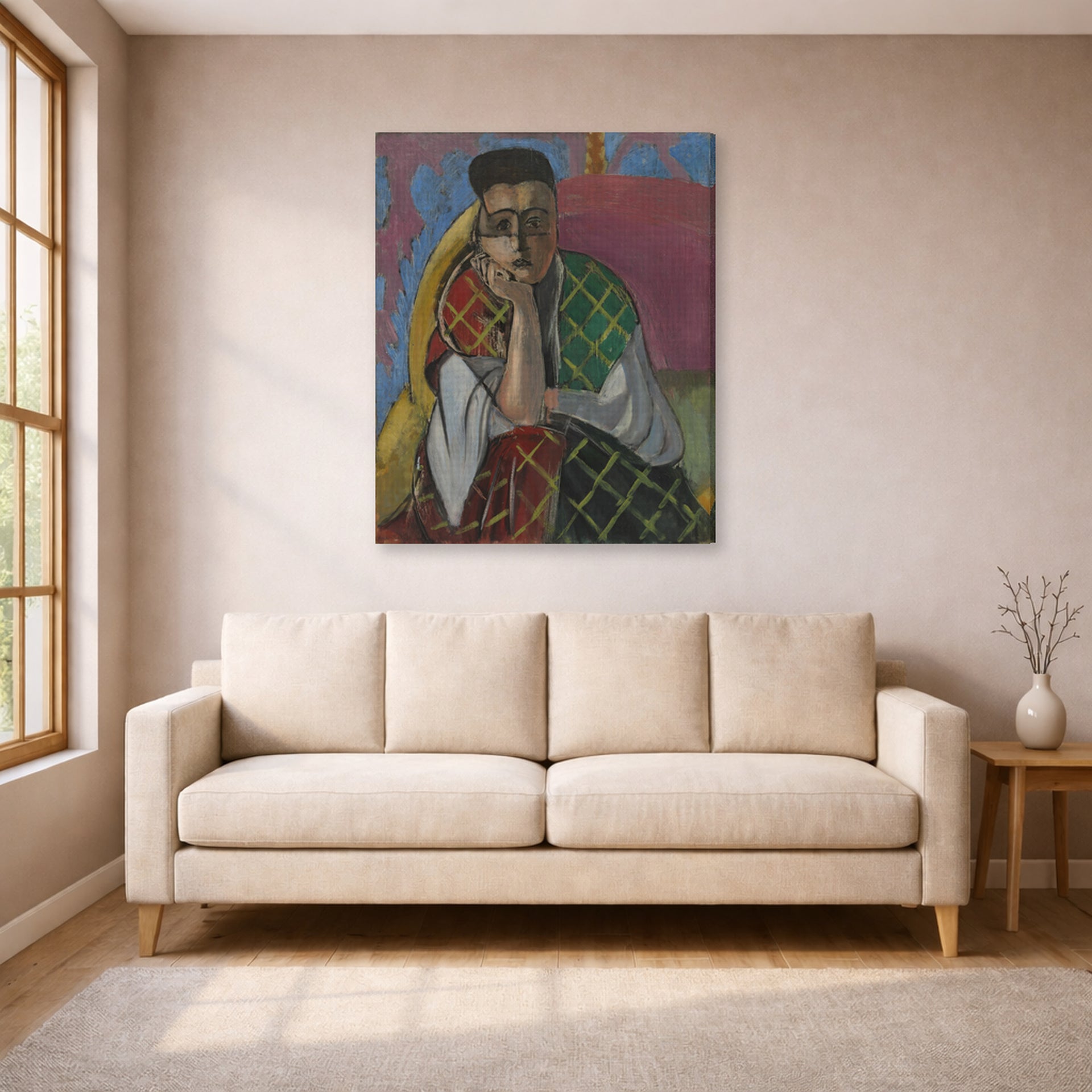 Gallery-wrapped canvas print of Henri Matisse's Woman with a Veil hanging in a living room, view 1