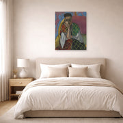 Unframed poster print of Henri Matisse's Woman with a Veil displayed above a bed in a bedroom