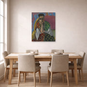 Unframed poster print of Henri Matisse's Woman with a Veil displayed on a dining room wall