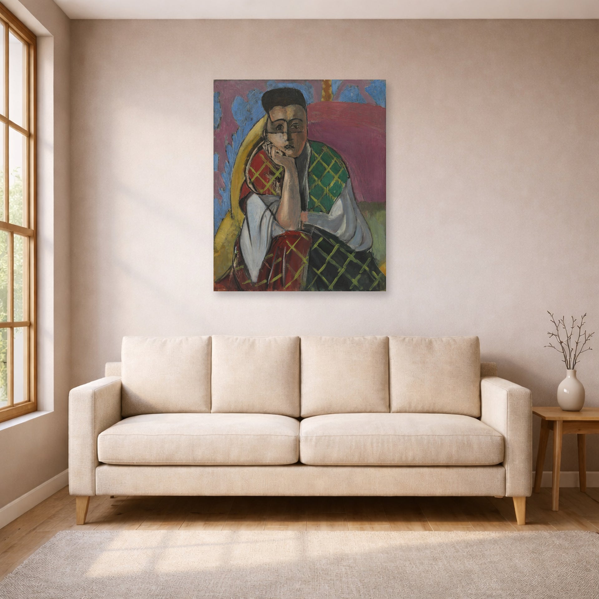 Unframed poster print of Henri Matisse's Woman with a Veil displayed in a living room, view 1