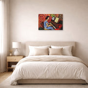 Gallery-wrapped canvas print of Henri Matisse's Woman at Tbe Piano hanging above a bed in a bedroom