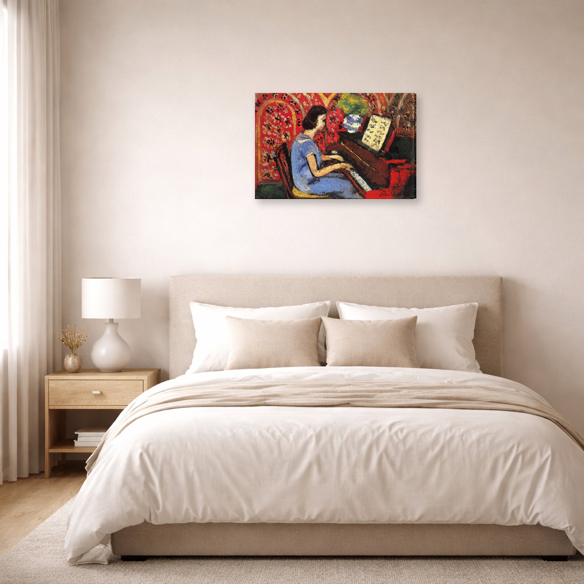 Gallery-wrapped canvas print of Henri Matisse's Woman at Tbe Piano hanging above a bed in a bedroom