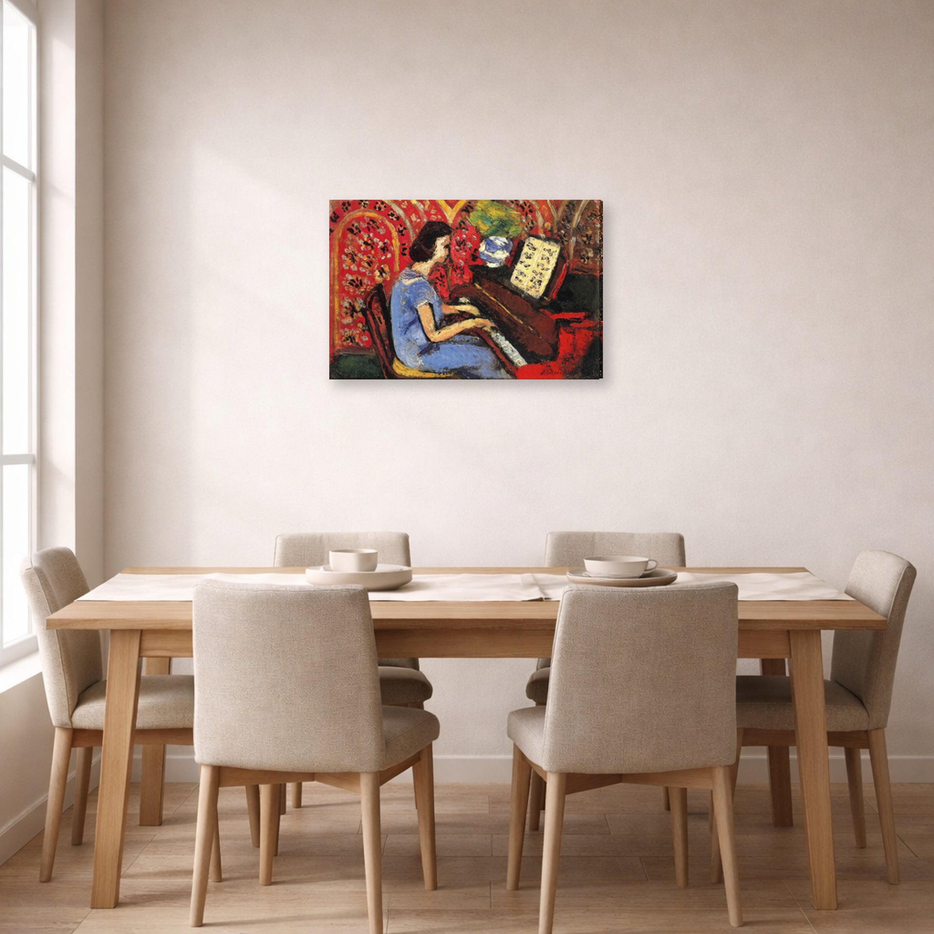 Gallery-wrapped canvas print of Henri Matisse's Woman at Tbe Piano hanging on a dining room wall