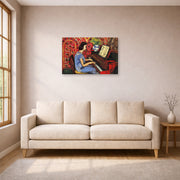 Gallery-wrapped canvas print of Henri Matisse's Woman at Tbe Piano hanging in a living room, view 1