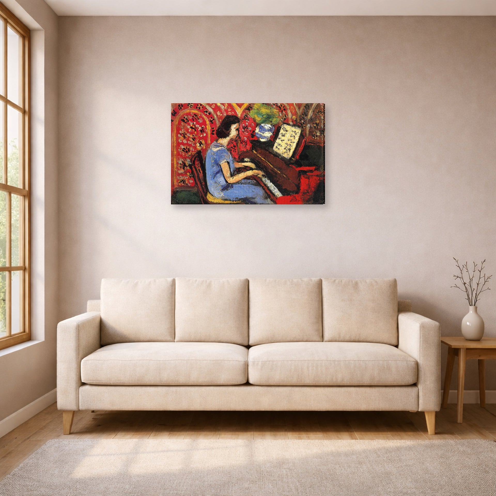 Gallery-wrapped canvas print of Henri Matisse's Woman at Tbe Piano hanging in a living room, view 1