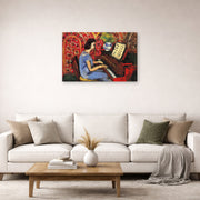 Gallery-wrapped canvas print of Henri Matisse's Woman at Tbe Piano hanging in a living room, view 2
