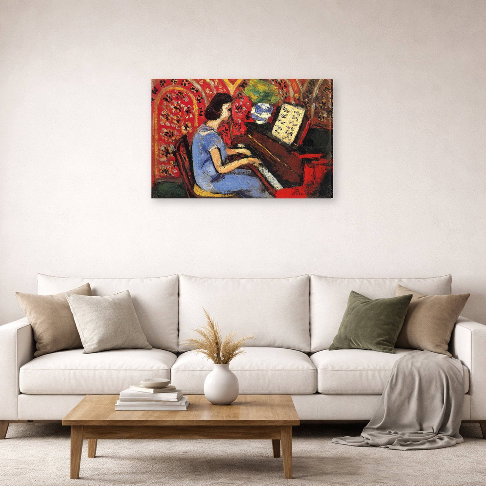 Gallery-wrapped canvas print of Henri Matisse's Woman at Tbe Piano hanging in a living room, view 2