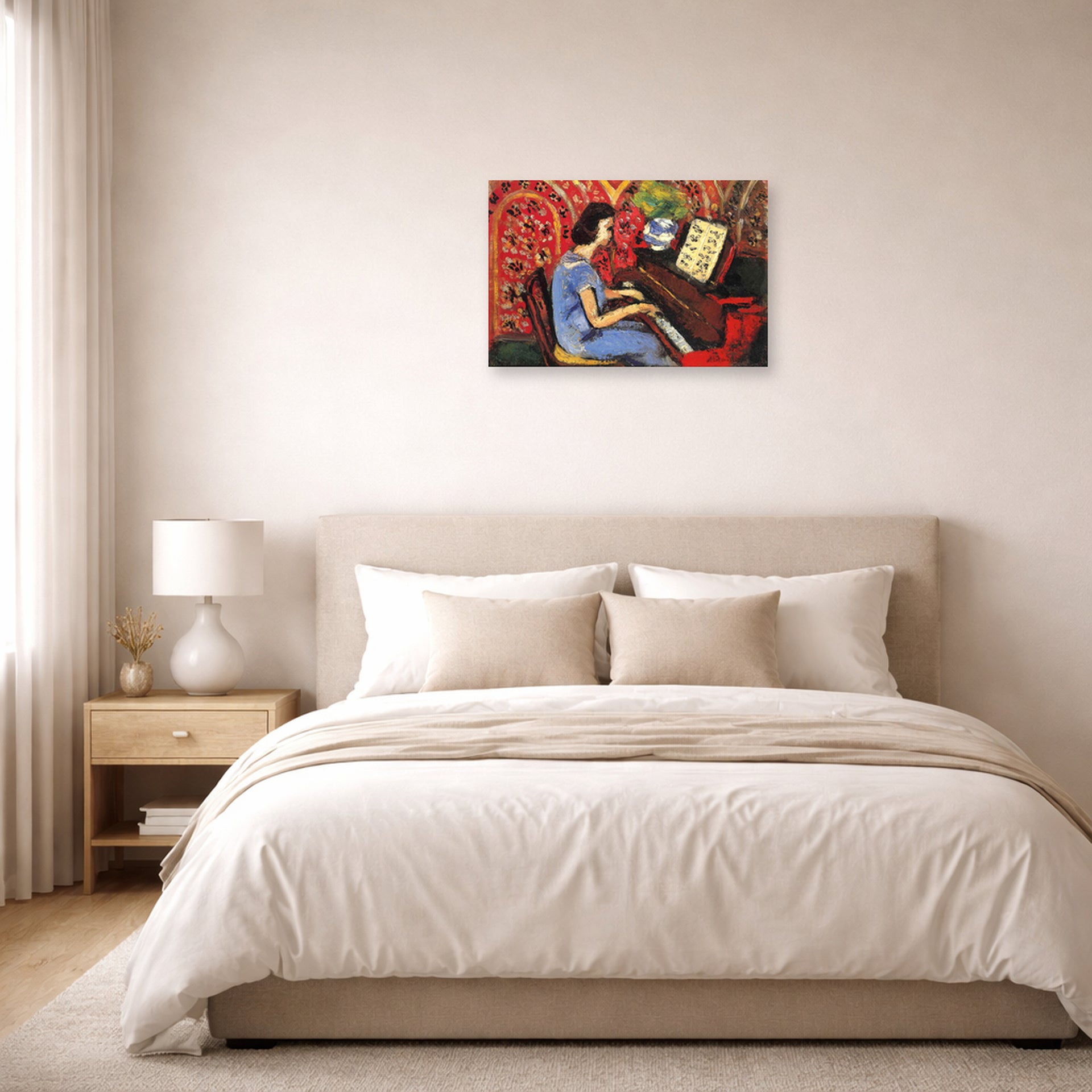 Unframed poster print of Henri Matisse's Woman at Tbe Piano displayed above a bed in a bedroom