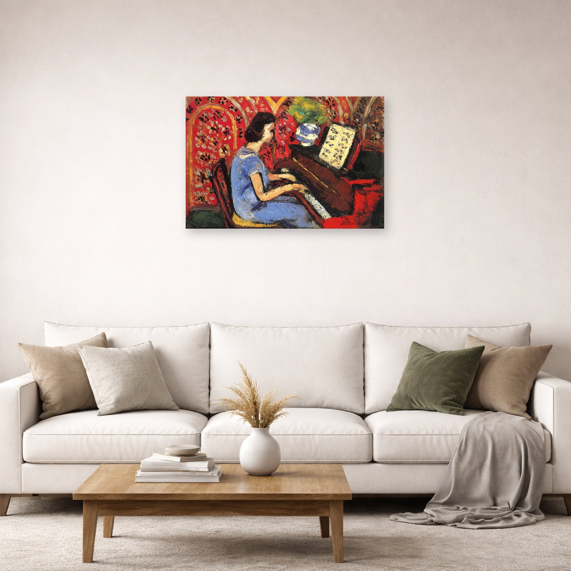 Unframed poster print of Henri Matisse's Woman at Tbe Piano displayed in a living room, view 2