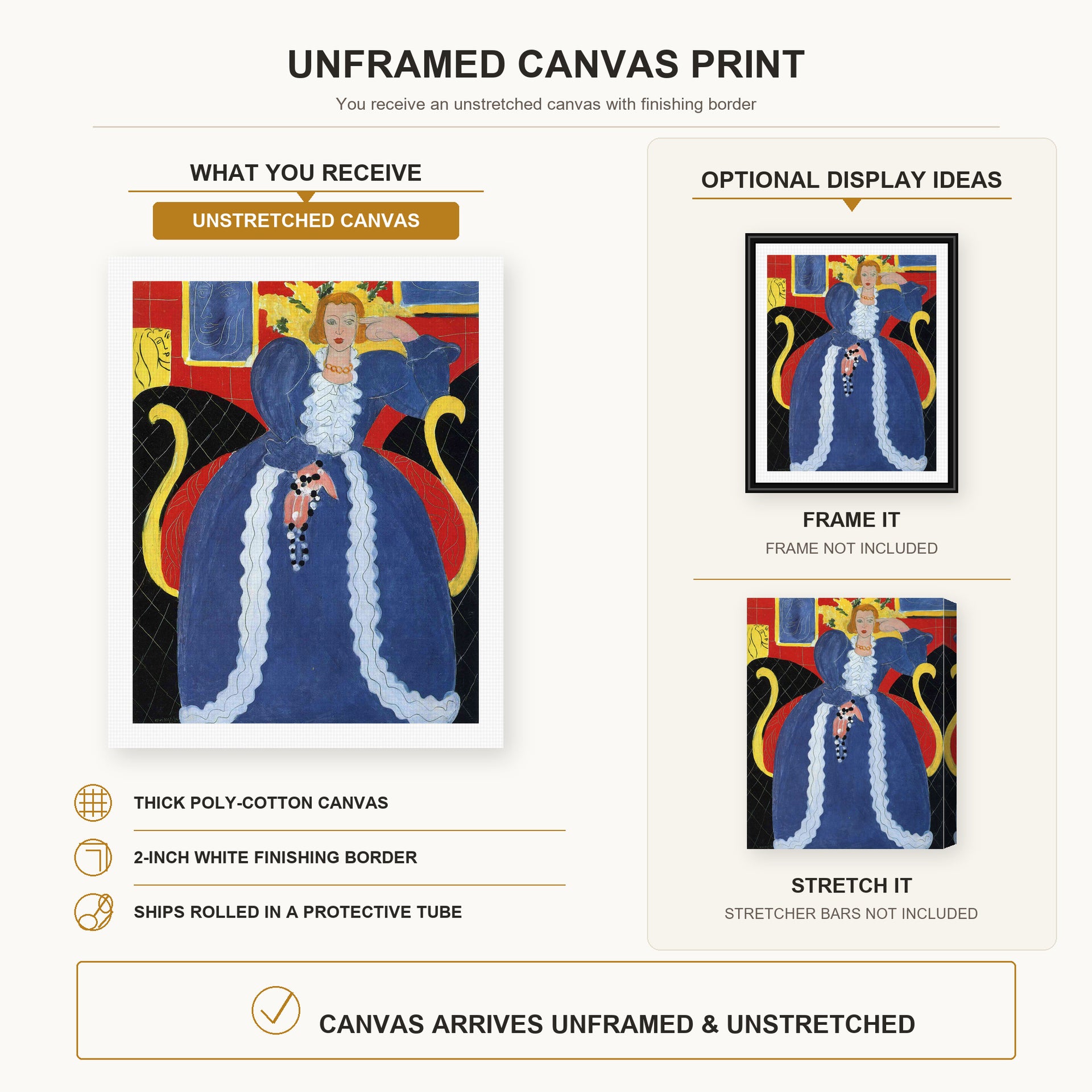 Henri Matisse - Woman in Blue, or the Large Blue Robe and Mimosas canvas print size comparison and framing display infographic