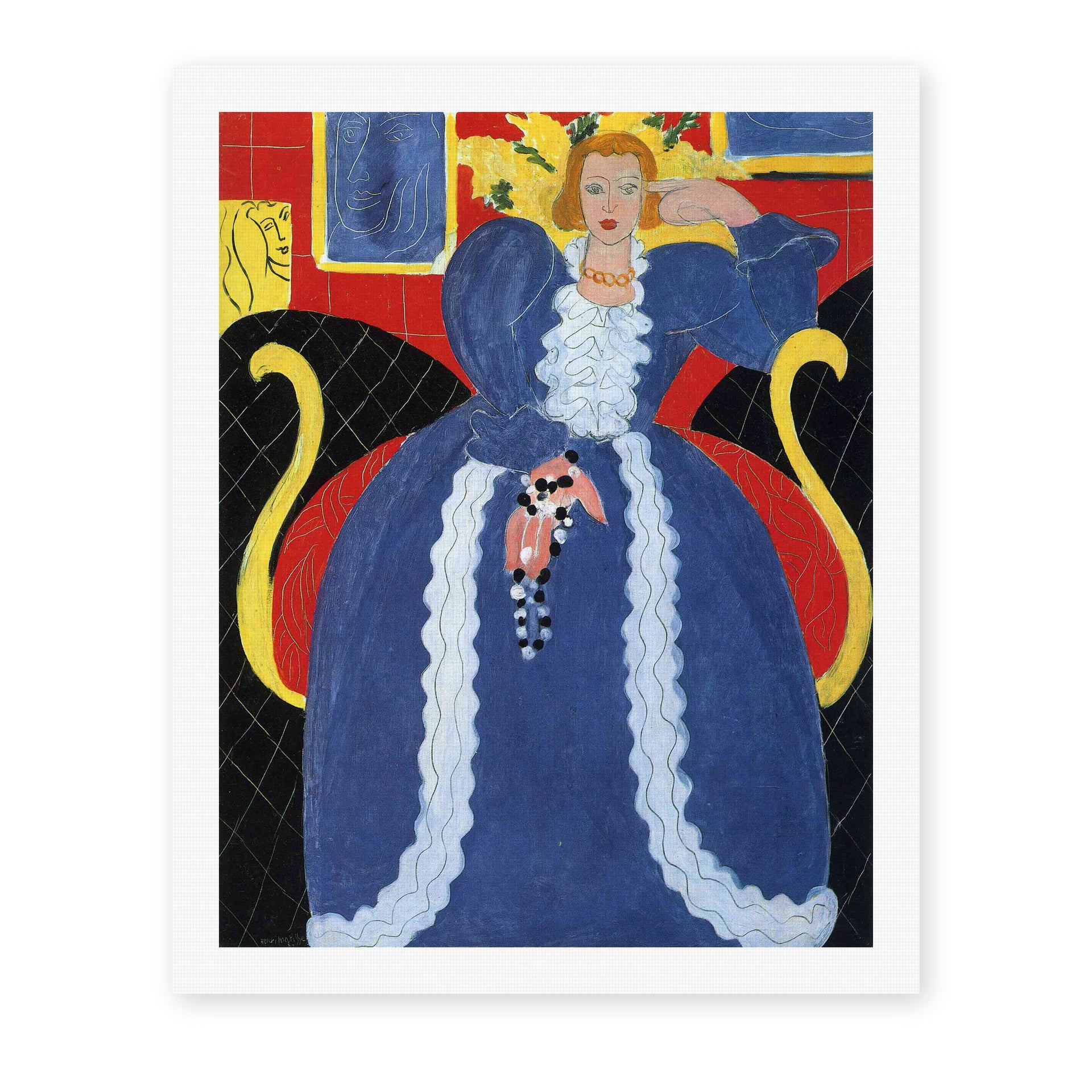 Henri Matisse's Woman in Blue, or the Large Blue Robe and Mimosas painting reproduced as a rolled canvas print