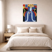 Gallery-wrapped canvas print of Henri Matisse's Woman in Blue, or the Large Blue Robe and Mimosas hanging above a bed in a bedroom