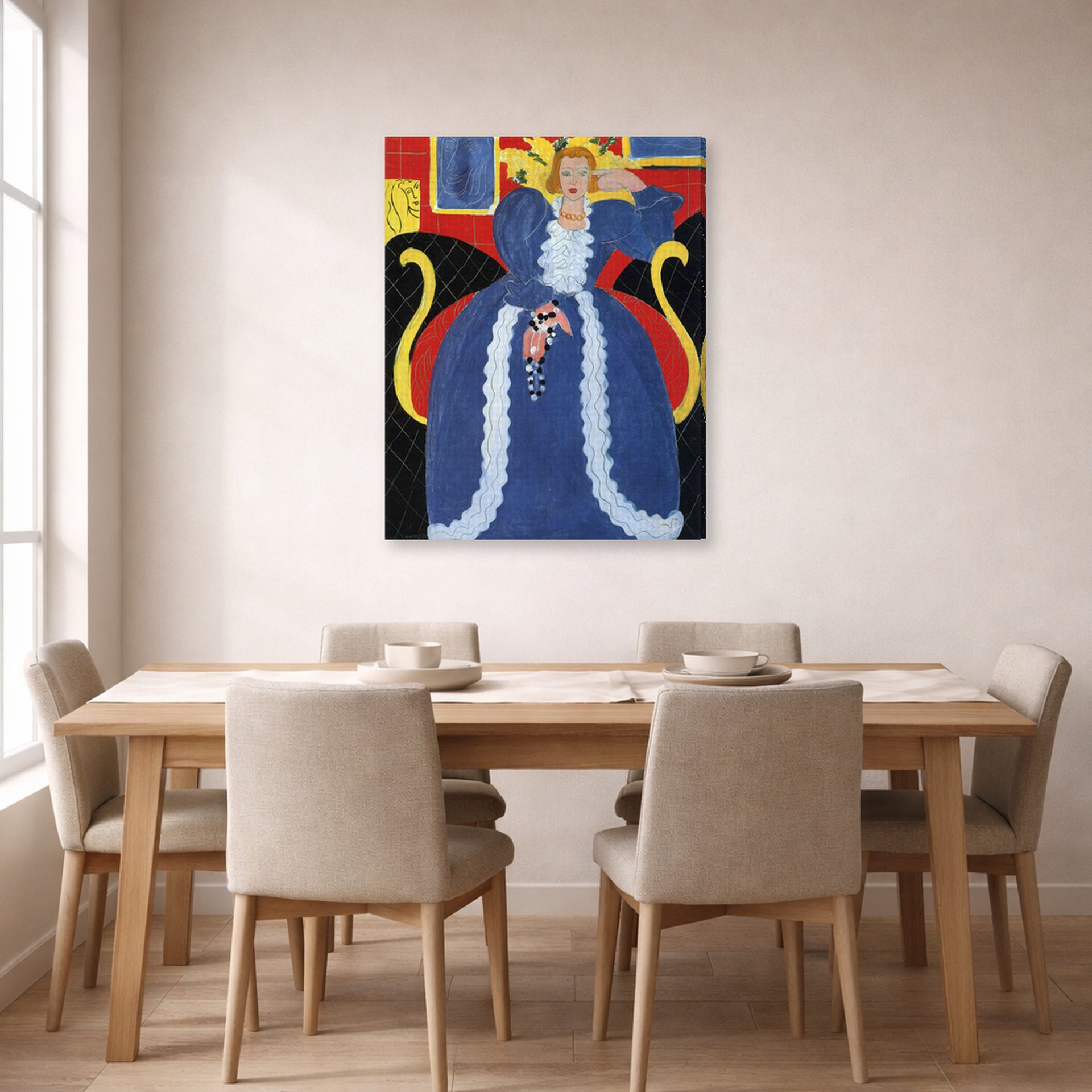 Gallery-wrapped canvas print of Henri Matisse's Woman in Blue, or the Large Blue Robe and Mimosas hanging on a dining room wall