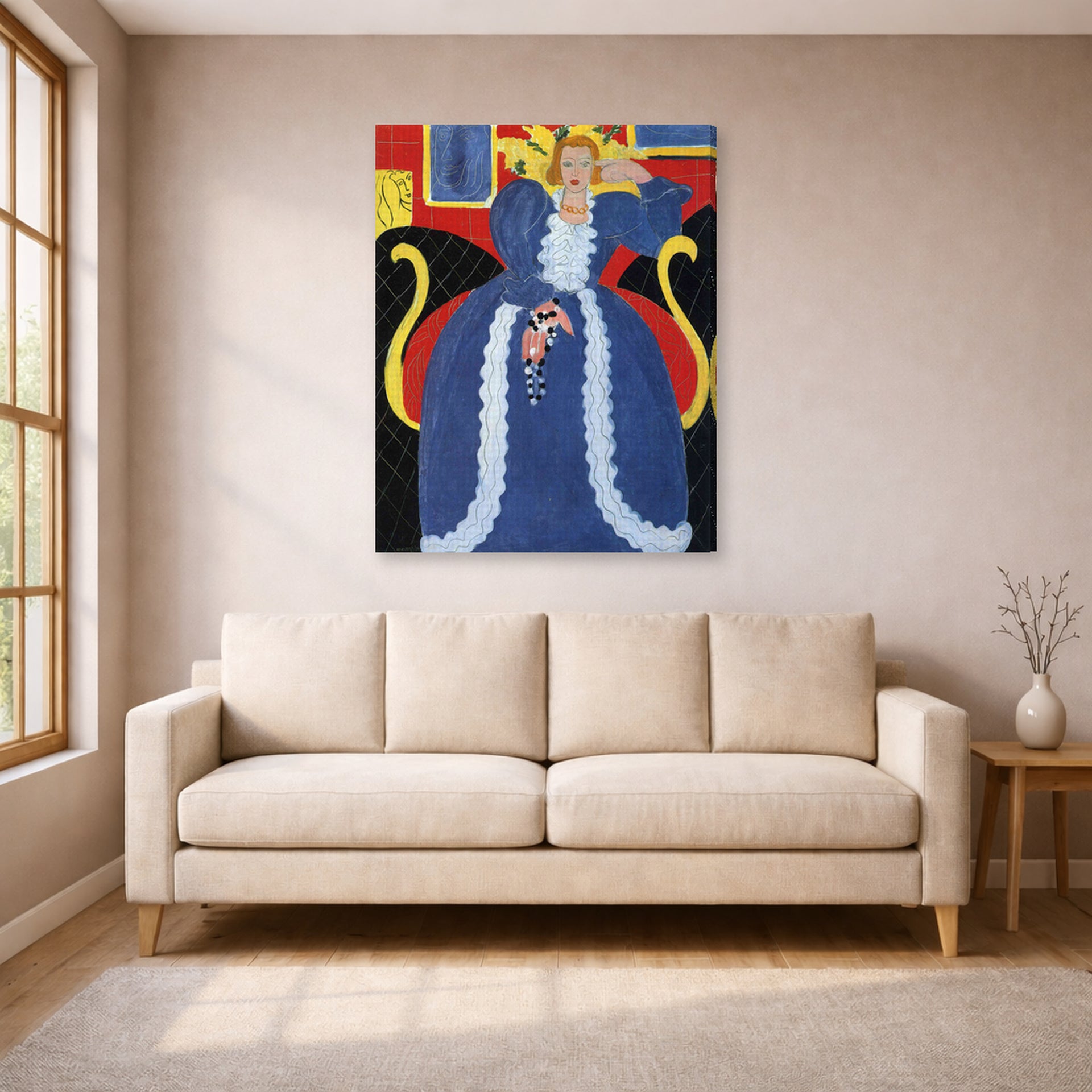 Gallery-wrapped canvas print of Henri Matisse's Woman in Blue, or the Large Blue Robe and Mimosas hanging in a living room, view 1