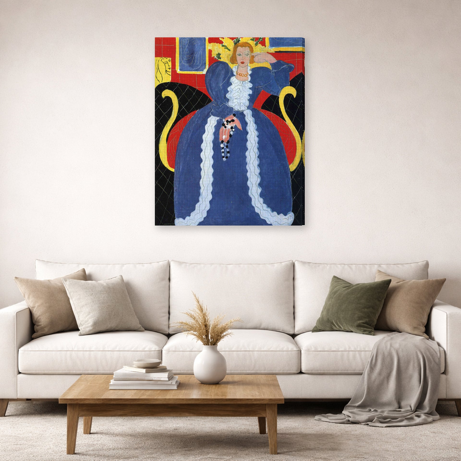 Gallery-wrapped canvas print of Henri Matisse's Woman in Blue, or the Large Blue Robe and Mimosas hanging in a living room, view 2