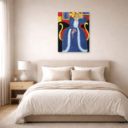 Unframed poster print of Henri Matisse's Woman in Blue, or the Large Blue Robe and Mimosas displayed above a bed in a bedroom