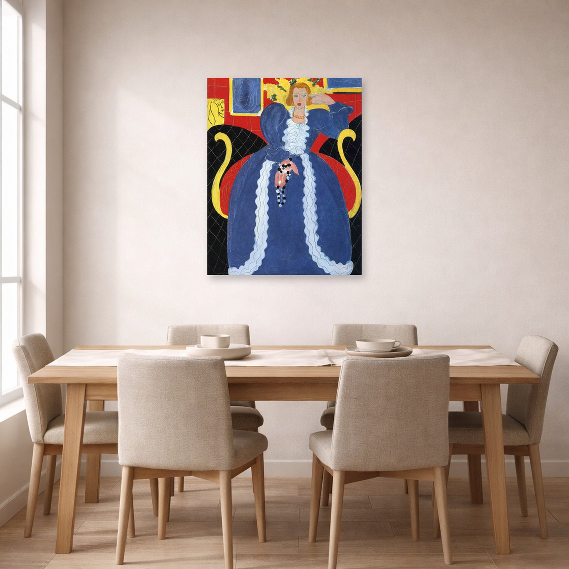 Unframed poster print of Henri Matisse's Woman in Blue, or the Large Blue Robe and Mimosas displayed on a dining room wall