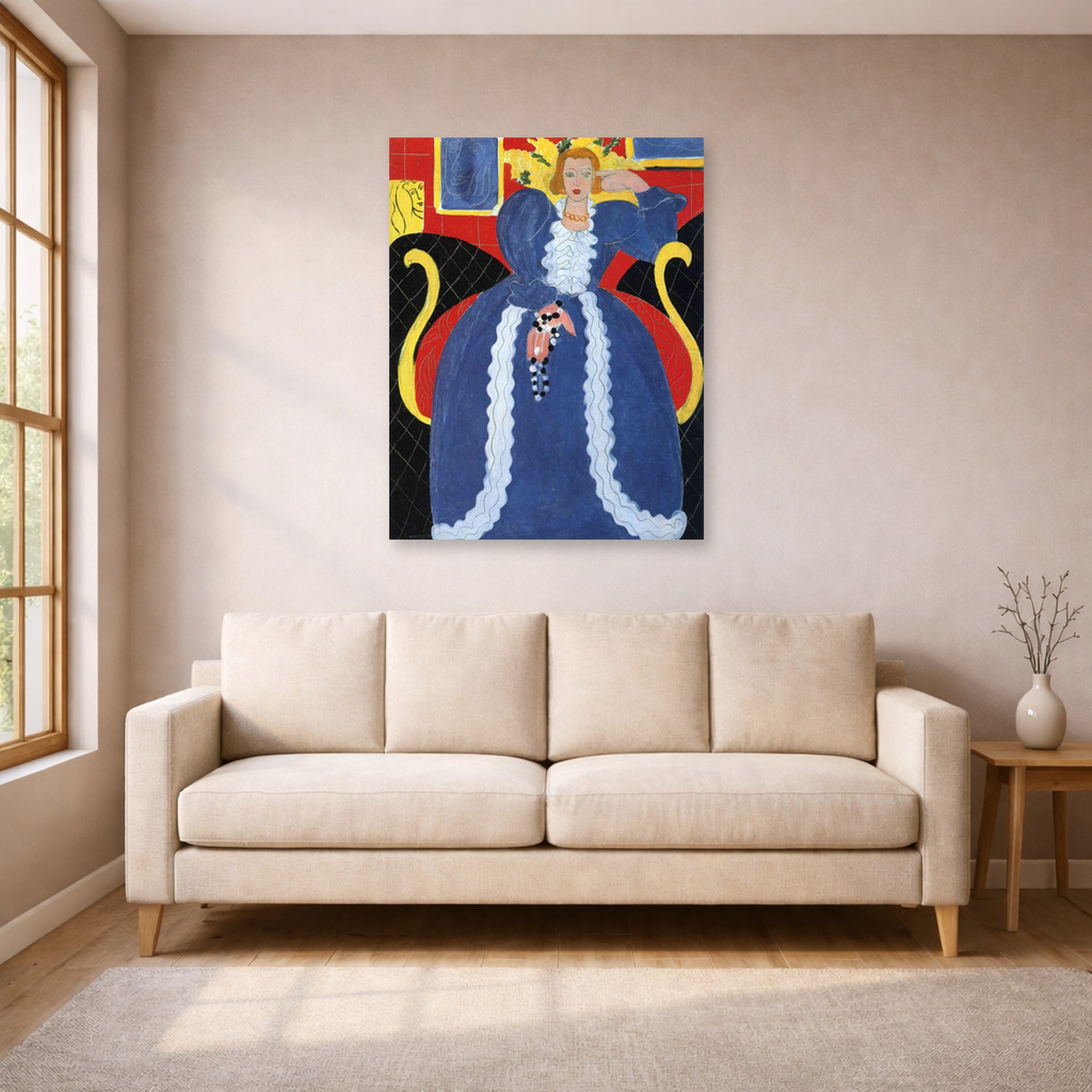 Unframed poster print of Henri Matisse's Woman in Blue, or the Large Blue Robe and Mimosas displayed in a living room, view 1