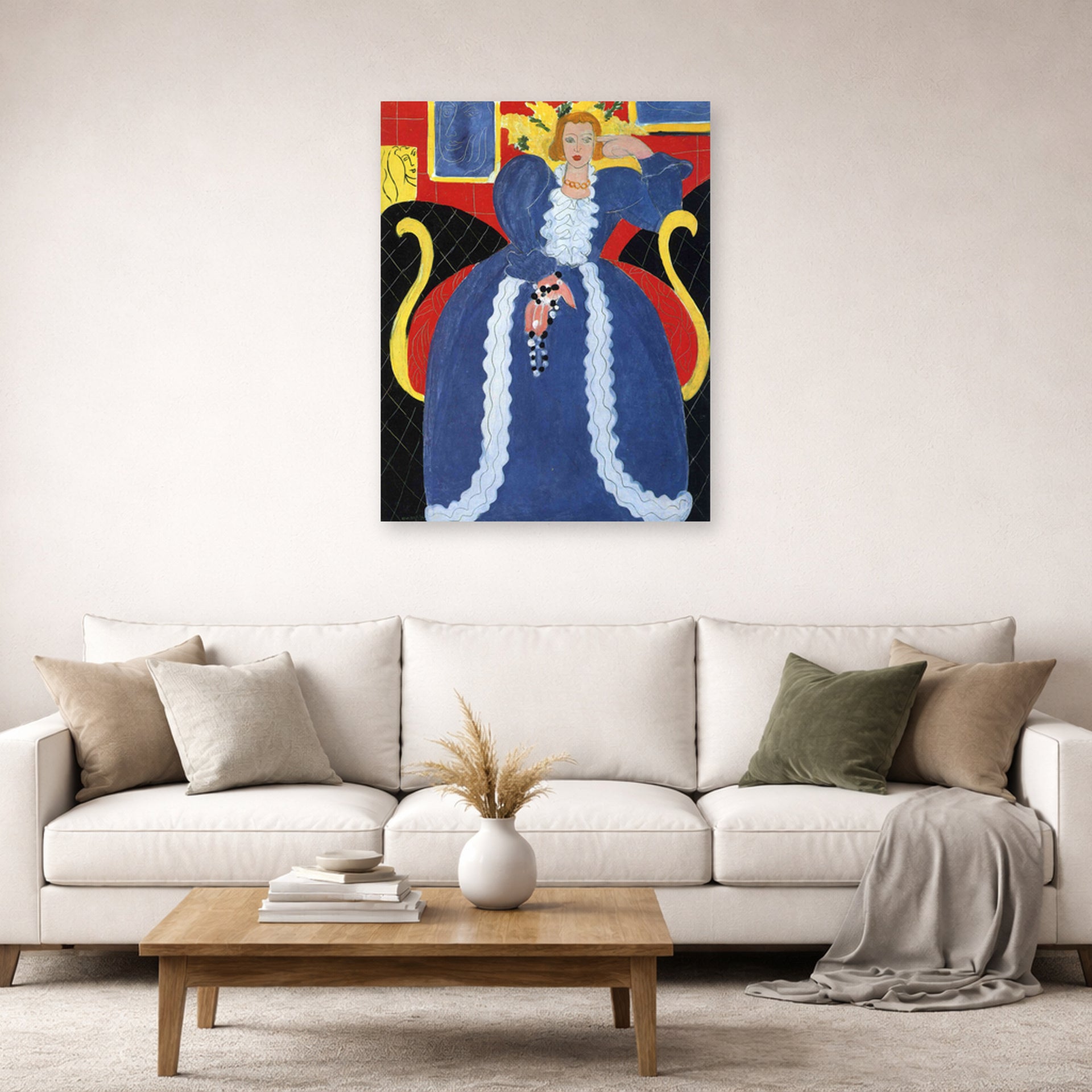 Unframed poster print of Henri Matisse's Woman in Blue, or the Large Blue Robe and Mimosas displayed in a living room, view 2