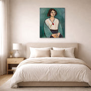 Gallery-wrapped canvas print of Henri Matisse's Woman in Green hanging above a bed in a bedroom