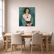 Gallery-wrapped canvas print of Henri Matisse's Woman in Green hanging on a dining room wall