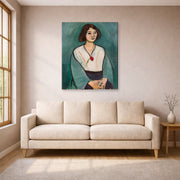 Gallery-wrapped canvas print of Henri Matisse's Woman in Green hanging in a living room, view 1
