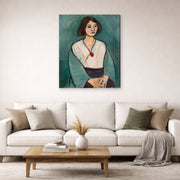 Gallery-wrapped canvas print of Henri Matisse's Woman in Green hanging in a living room, view 2