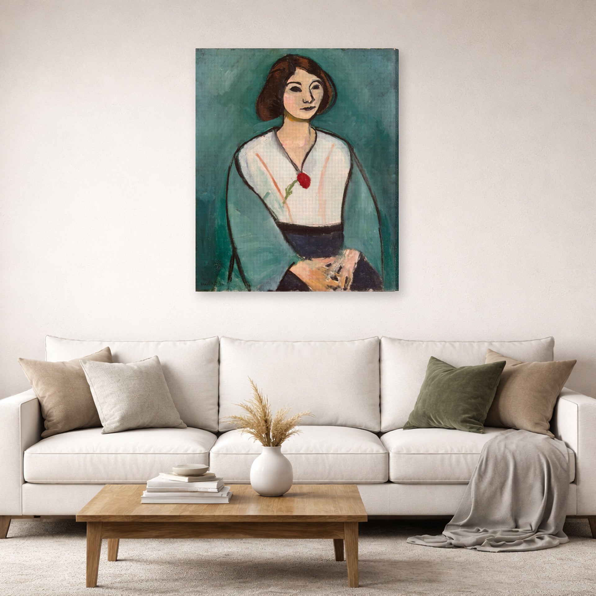 Gallery-wrapped canvas print of Henri Matisse's Woman in Green hanging in a living room, view 2