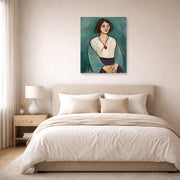 Unframed poster print of Henri Matisse's Woman in Green displayed above a bed in a bedroom