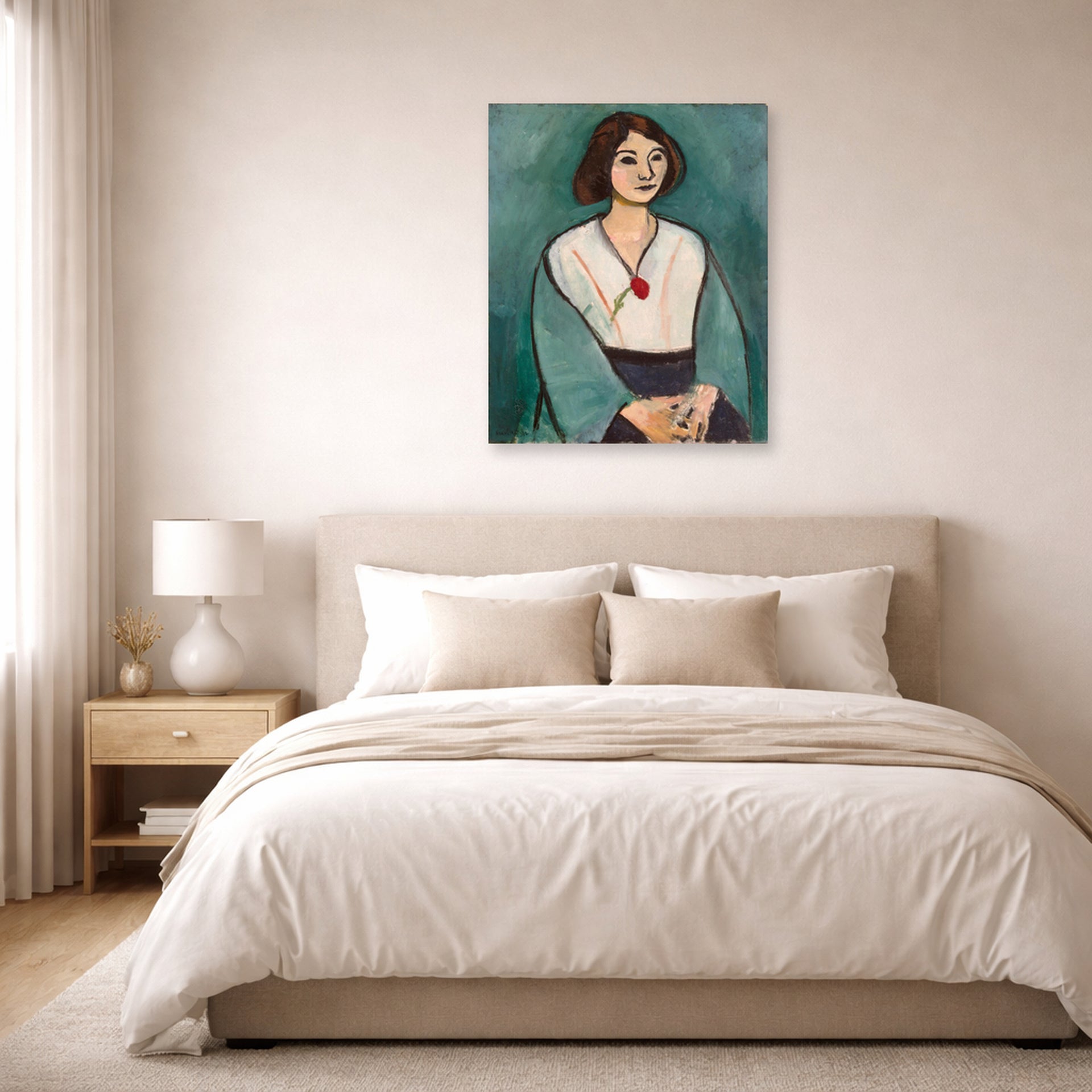 Unframed poster print of Henri Matisse's Woman in Green displayed above a bed in a bedroom