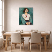 Unframed poster print of Henri Matisse's Woman in Green displayed on a dining room wall
