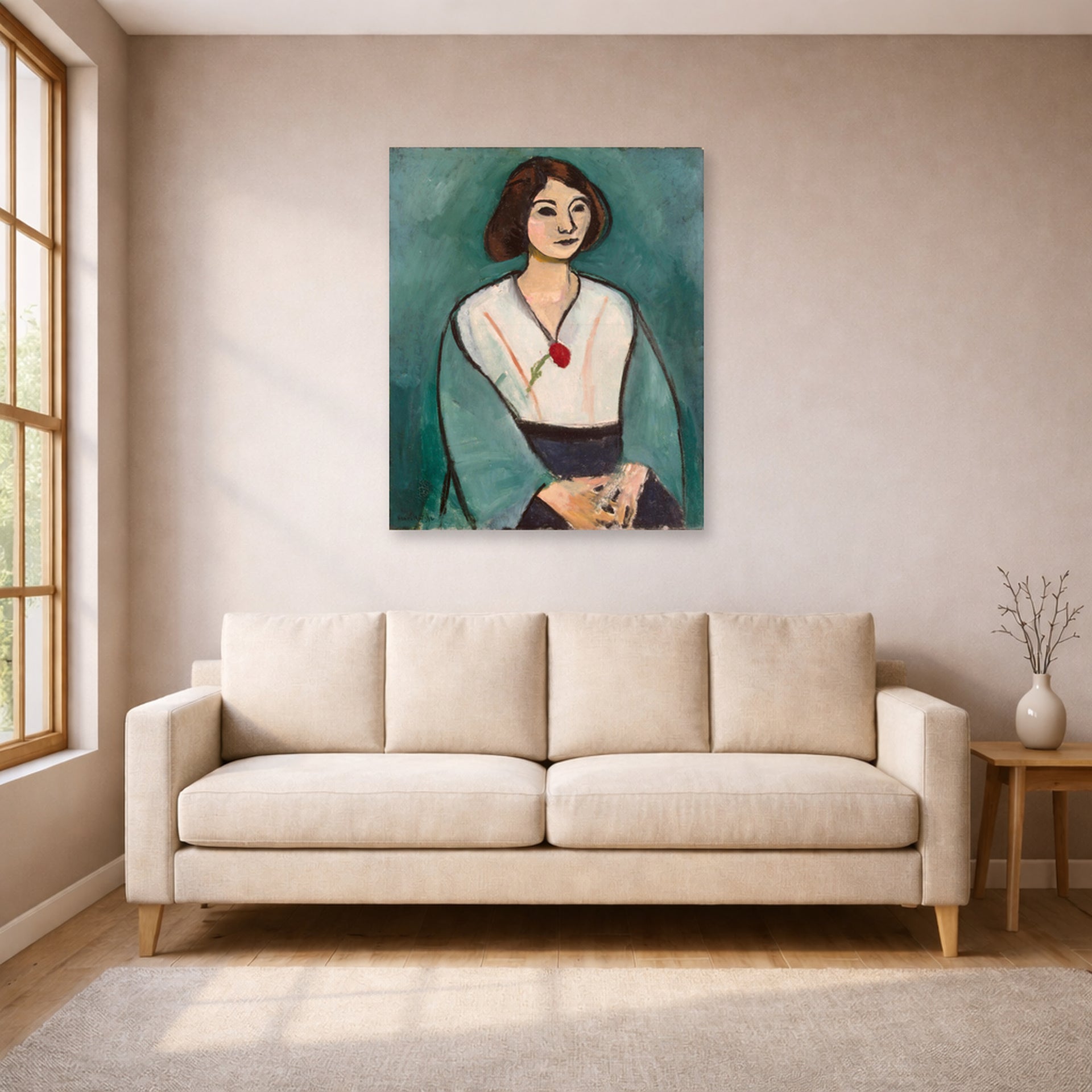 Unframed poster print of Henri Matisse's Woman in Green displayed in a living room, view 1