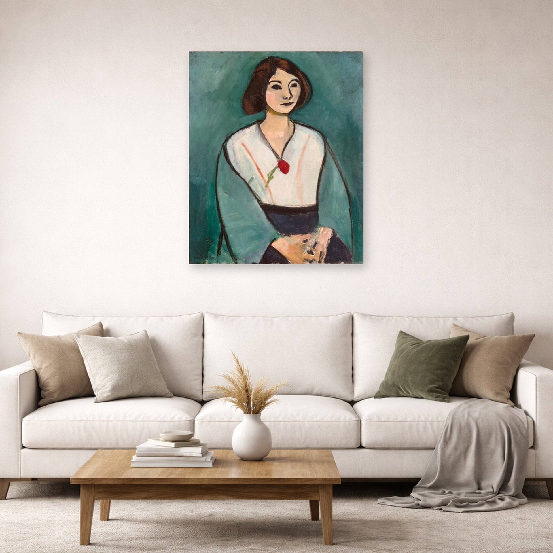 Unframed poster print of Henri Matisse's Woman in Green displayed in a living room, view 2