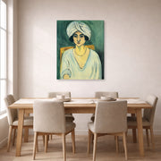 Gallery-wrapped canvas print of Henri Matisse's Woman in Turban hanging on a dining room wall