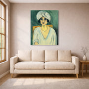 Gallery-wrapped canvas print of Henri Matisse's Woman in Turban hanging in a living room, view 1