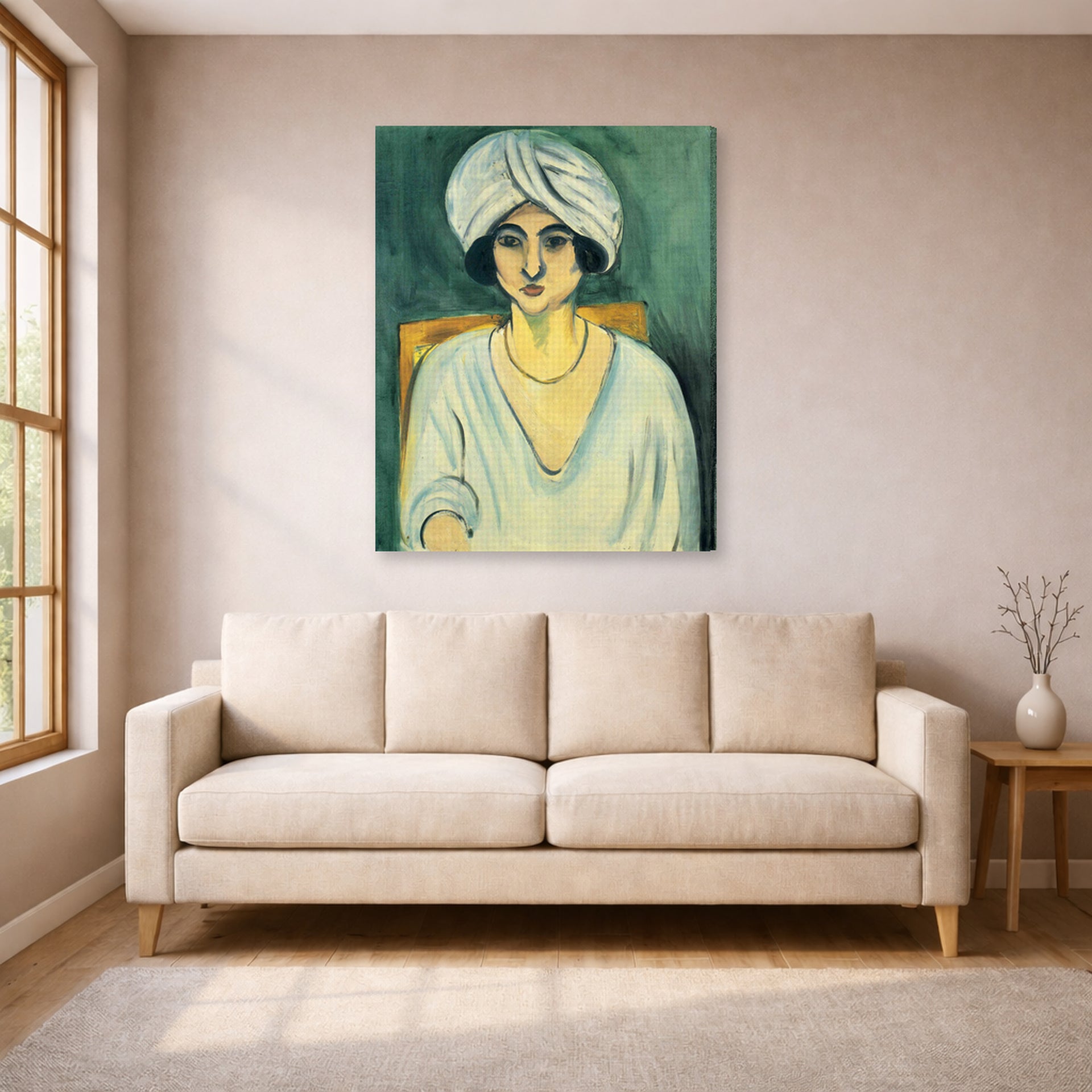 Gallery-wrapped canvas print of Henri Matisse's Woman in Turban hanging in a living room, view 1