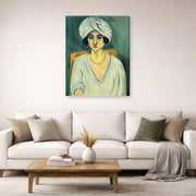 Gallery-wrapped canvas print of Henri Matisse's Woman in Turban hanging in a living room, view 2