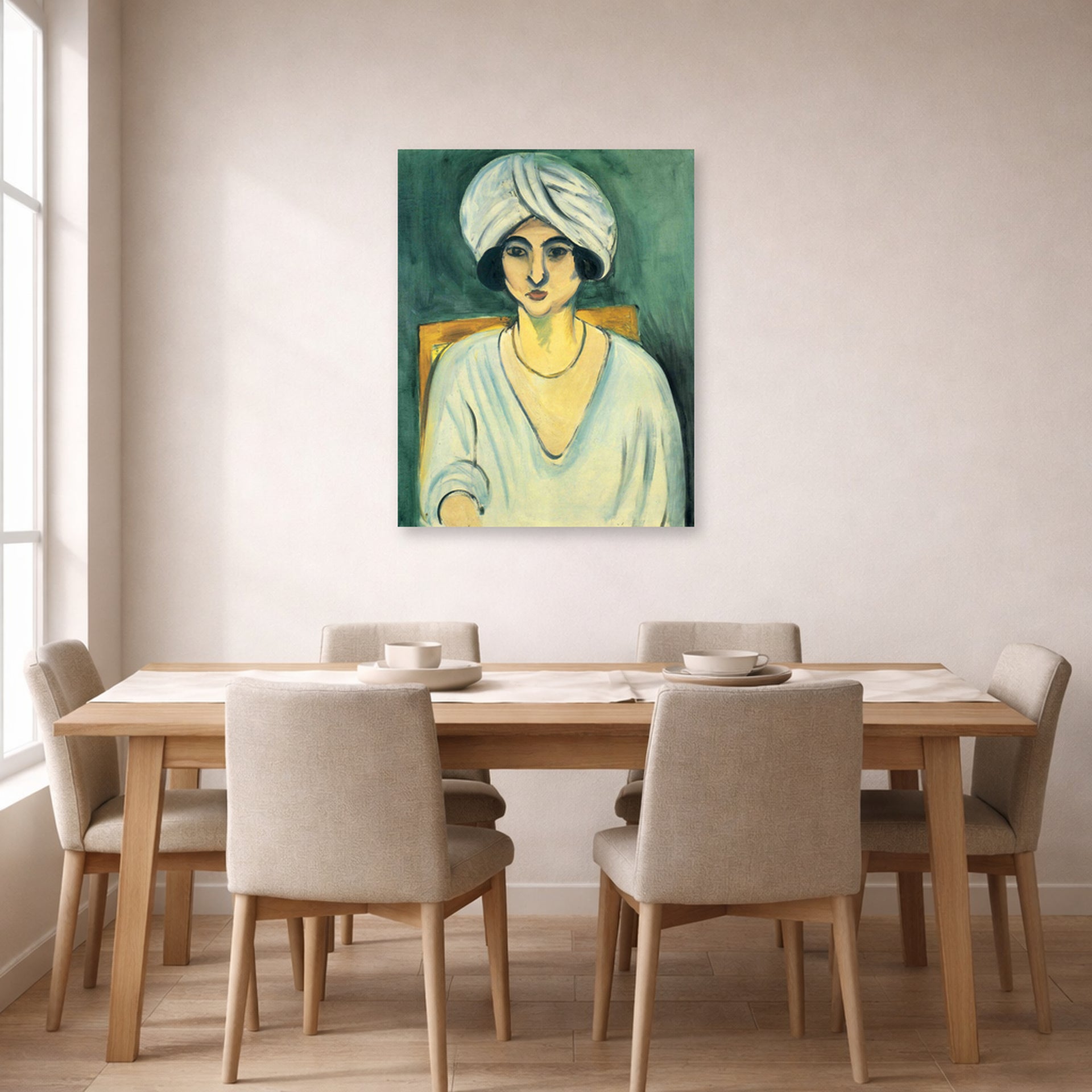 Unframed poster print of Henri Matisse's Woman in Turban displayed on a dining room wall